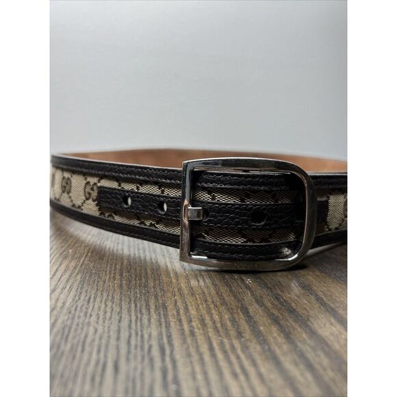 Gucci GG Canvas Mono Leather Palladium Silver Buckle Belt Brown Sz 34 - Picture 11 of 11